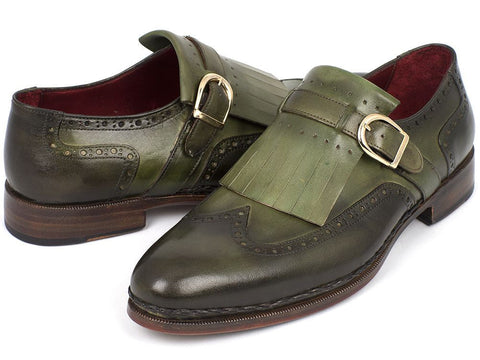 Paul Parkman Men's Wingtip Monkstrap Brogues Green Hand-Painted Leather Upper With Double Leather Sole (ID#060-GREEN)