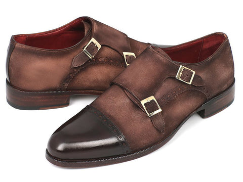 Paul Parkman Men's Double Monkstrap Captoe Dress Shoes - Brown / Beige Suede Upper and Leather Sole (ID#FK09)