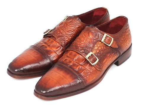 Paul Parkman Men's Double Monkstrap Brown Crocodile Embossed Calfskin (ID#PP2280)