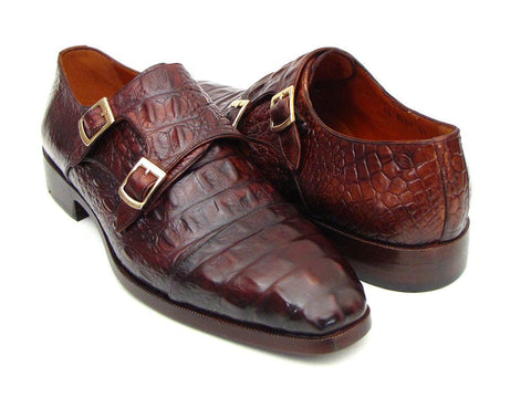 Paul Parkman Men's Double Monkstraps Brown & Bordeaux Crocodile Embossed Calfskin (ID#045FG12)