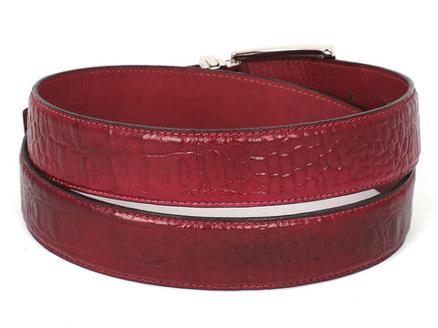 PAUL PARKMAN Men's Croc Embossed Calfskin Belt Burgundy (ID#B02-BUR)