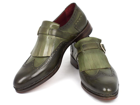 Paul Parkman Men's Wingtip Monkstrap Brogues Green Hand-Painted Leather Upper With Double Leather Sole (ID#060-GREEN)