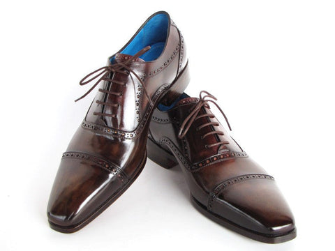 Paul Parkman Men's Captoe Oxfords Anthracite Brown Hand-Painted Leather (ID#024-ANTBRW)