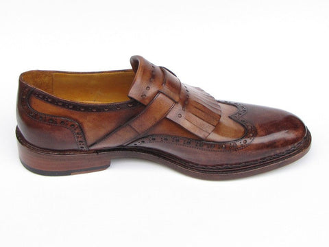 Paul Parkman Men's Wingtip Monkstrap Brogues Brown Hand-Painted Leather Upper With Double Leather Sole (ID#060-BRW)