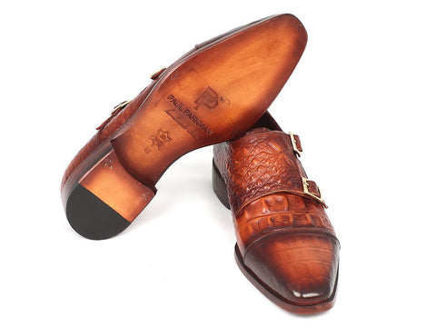 Paul Parkman Men's Double Monkstrap Brown Crocodile Embossed Calfskin (ID#PP2280)