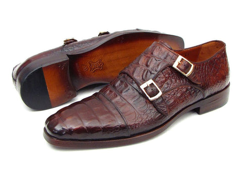 Paul Parkman Men's Double Monkstraps Brown & Bordeaux Crocodile Embossed Calfskin (ID#045FG12)