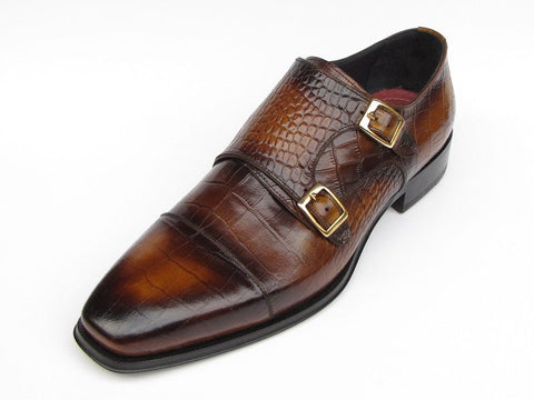 Paul Parkman Men's Brown Crocodile Embossed Calfskin Double Monkstrap (ID#045-APR-BRW)