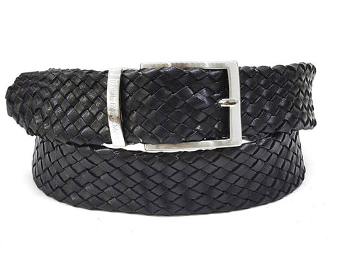 PAUL PARKMAN Men's Woven Leather Belt Black (ID#B07-BLK)