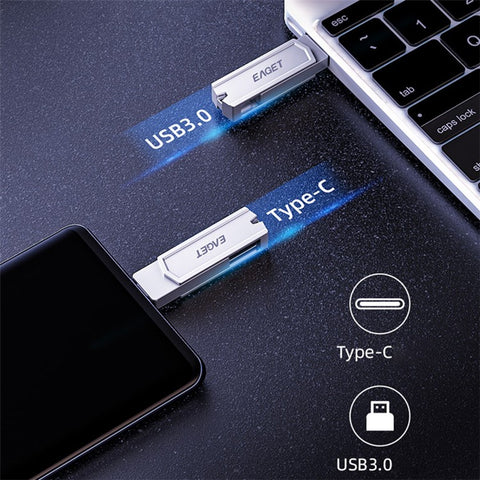 EAGET CF22 128GB Zinc Alloy Memory Stick for Type-C Phone Tablet Laptop Type C+USB 3.0 Flash Drive