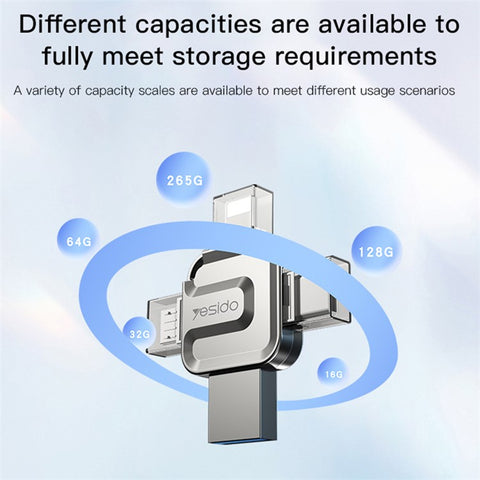 YESIDO FL15 16GB U Disk USB3.0 Flash Drive 4-in-1 Memory Stick for iOS Android Phone Tablet PC