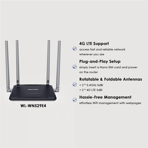 WAVLINK WL-WN529E4 SIM Card Slot N300 4G Wireless Router Ultimate High-Speed Mobile Router with Folding 5dBi Antennas
