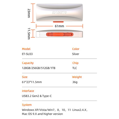 EAGET SU33 256GB 2-in-1 USB3.2 Gen2 / Type-C U-Disk 550Mb / s Zinc Alloy Flash Disk