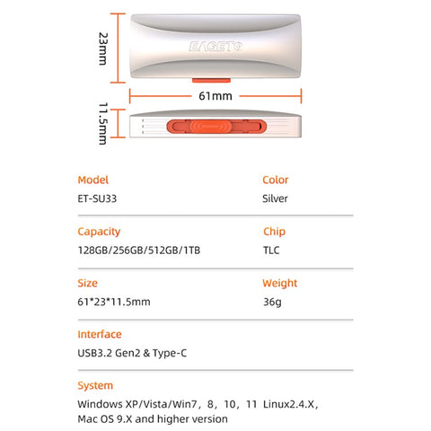 EAGET SU33 1TB 2-in-1 USB3.2 Gen2 / Type-C U-Disk 550Mb / s Read Speed Zinc Alloy Flash Disk