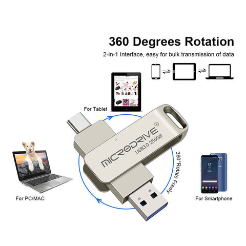 MICRODRIVE MDTU21 256GB Flash Drive 2-in-1 USB 3.0 + Type-C Rotating Metal U-Disk