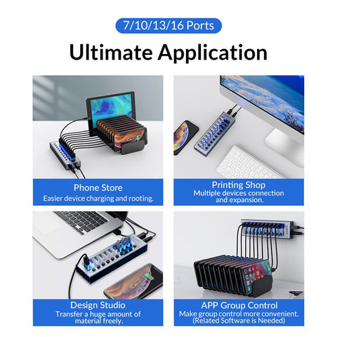 ORICO AT2U3-16AB Transparent Design 16 Ports 5Gbps High Speed USB3.0 Hub Aluminum Alloy + PC Phone Charging Splitter with Individual Switches