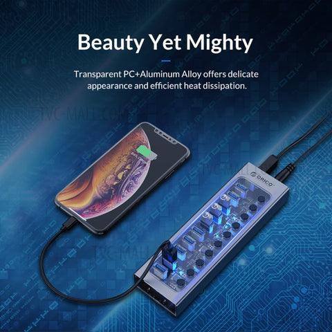 ORICO AT2U3-16AB Transparent Design 16 Ports 5Gbps High Speed USB3.0 Hub Aluminum Alloy + PC Phone Charging Splitter with Individual Switches