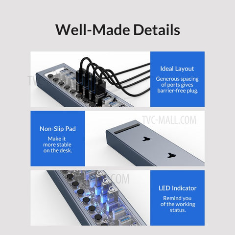ORICO AT2U3-16AB Transparent Design 16 Ports 5Gbps High Speed USB3.0 Hub Aluminum Alloy + PC Phone Charging Splitter with Individual Switches