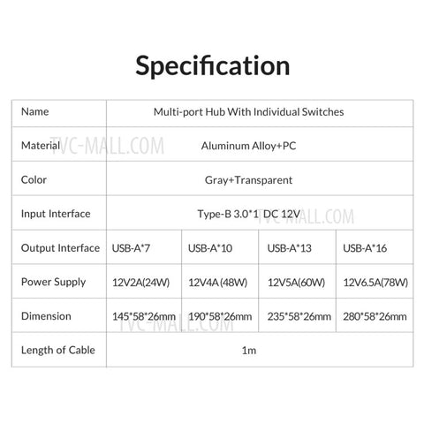 ORICO AT2U3-16AB Transparent Design 16 Ports 5Gbps High Speed USB3.0 Hub Aluminum Alloy + PC Phone Charging Splitter with Individual Switches