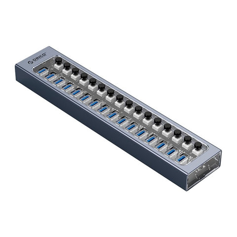 ORICO AT2U3-16AB Transparent Design 16 Ports 5Gbps High Speed USB3.0 Hub Aluminum Alloy + PC Phone Charging Splitter with Individual Switches