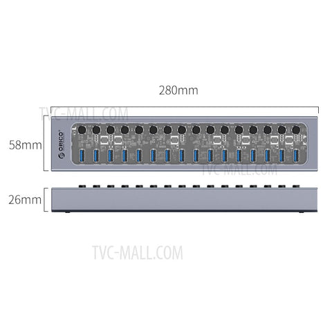 ORICO AT2U3-16AB Transparent Design 16 Ports 5Gbps High Speed USB3.0 Hub Aluminum Alloy + PC Phone Charging Splitter with Individual Switches