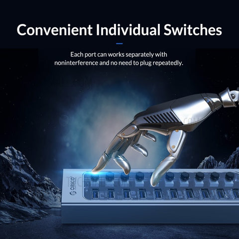 ORICO AT2U3-16AB Transparent Design 16 Ports 5Gbps High Speed USB3.0 Hub Aluminum Alloy + PC Phone Charging Splitter with Individual Switches