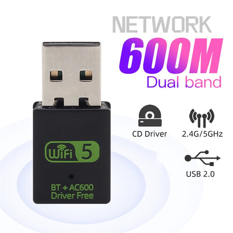 USB WiFi Bluetooth-compatible Adapter 600Mbps 2.4/5Ghz Dual Band Wireless Ethernet Receiver Mini USB WiFi Dongle for Desktop PC/Laptop