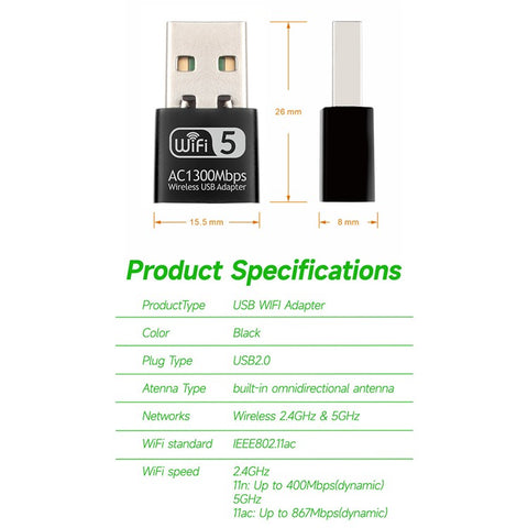 1300Mbps USB WiFi Adapter 2.4 / 5Ghz Dual Band Wireless Ethernet LAN USB WiFi Dongle for Desktop PC / Laptop