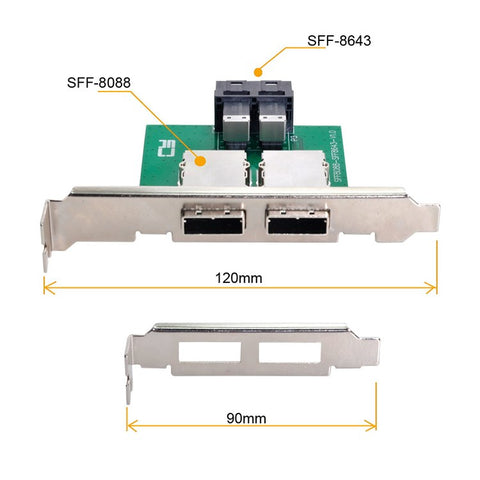 SF-030 Dual Ports Mini SAS SFF-8088 to Internal SAS HD SFF-8643 PCBA Female Adapter with Low Profile Bracket
