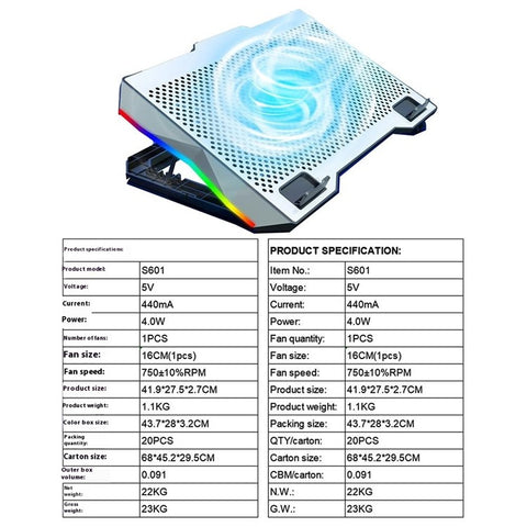 S601 Adjustable Height Gaming Laptop Cooling Pad RGB Light Notebook Cooler with Phone Holder