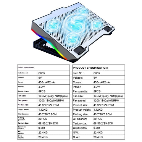 S605 RGB Light Laptop Cooling Pad Height Adjustable Gaming Notebook Cooler with Phone Holder