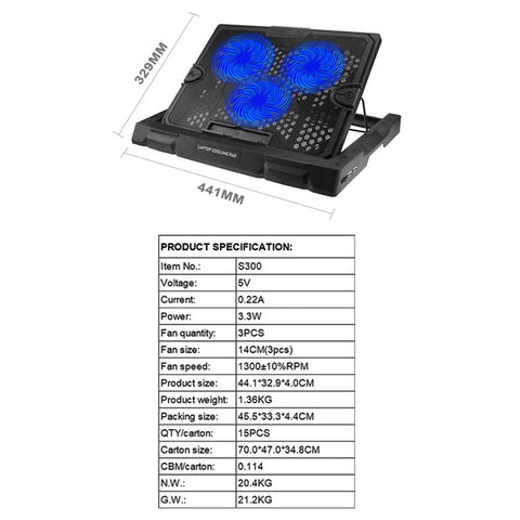 S300 3-Fan Laptop Cooling Stand Desktop Adjustable Wind Speed Notebook Fan Cooler