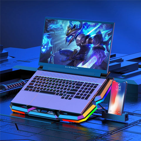 COOL COLD Height Adjustable USB Laptop Cooling Base Touch Control RGB Light 5-Fan Radiator Notebook Cooler Stand