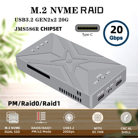 UC-031 Dual NVME M.2 NGFF M-Key to USB-C Type-C Raid0 Raid1 JOBD Big Enclosure 20Gbps with Fan Raid0 Hyper Adapter