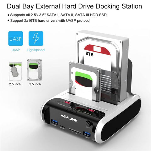 WAVLINK ST336A Dual Bay External Hard Drive Docking Station 2.5  / 3.5 inch SATA HDD with Offline Clone Function