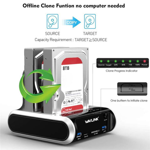 WAVLINK ST336A Dual Bay External Hard Drive Docking Station 2.5  / 3.5 inch SATA HDD with Offline Clone Function