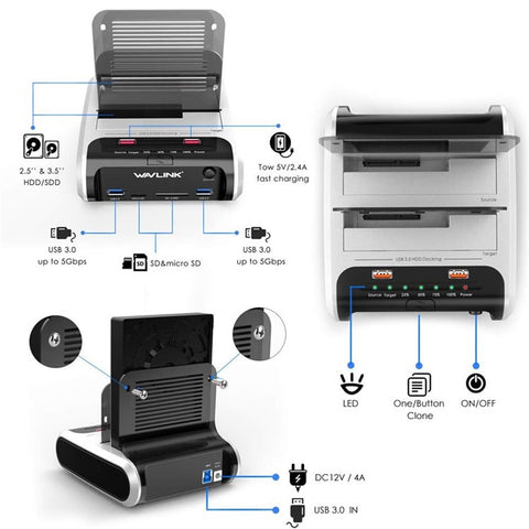 WAVLINK ST336A Dual Bay External Hard Drive Docking Station 2.5  / 3.5 inch SATA HDD with Offline Clone Function