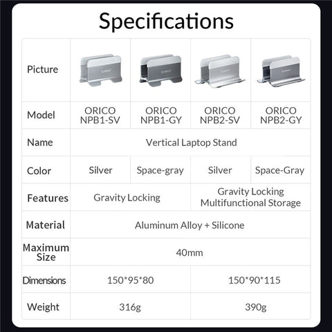 ORICO ORICO-NPB2 Notebook Vertical Aluminum Alloy Bracket Desktop Laptop Holder Stand