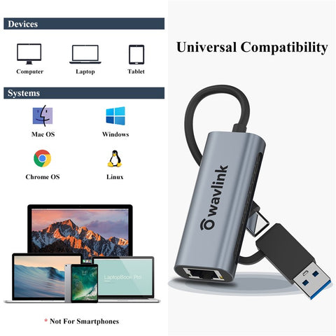 WAVLINK NWU330GCA 2.5G USB-C to RJ-45 Ethernet Adapter 2-in-1 Network Converter