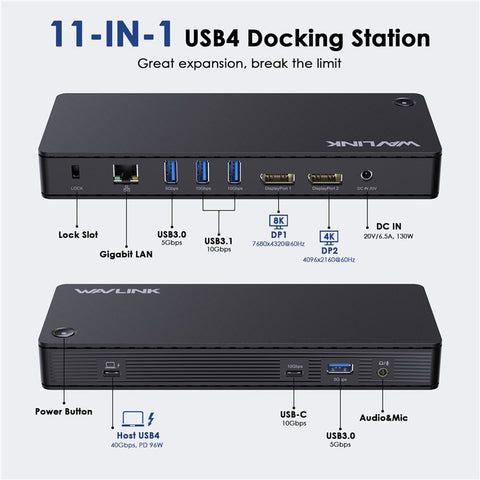 WAVLINK UTD22 USB4 Docking Station Dual Monitor USB-C Hub Support 96W Laptop Charging