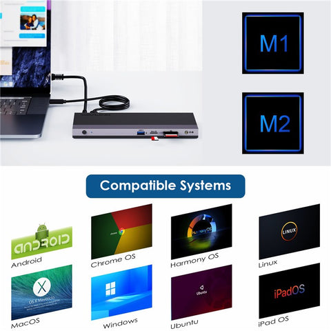 WAVLINK UMD01R Pro 13-in-1 Laptop Docking Station 2x Displayport and HD 4x USB 3.0 SD / TF Card Reader