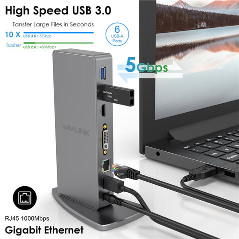 WAVLINK WL-UG39DK7 USB3.0 Multi-Screen Graphics Card Universal Docking Station USB3.0 to DVI / VGA / HD Hub Adapter
