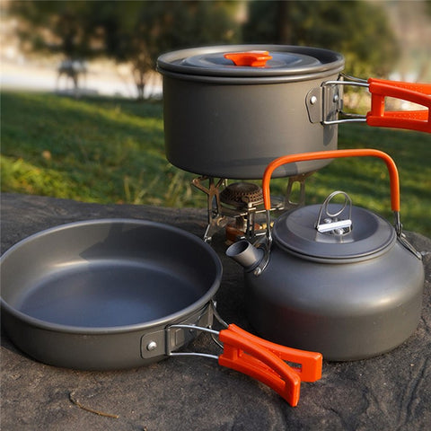 AOTU Camping Cookware Set Kettle Cooking Pot Fry Pan Cutting Board Kit (BPA-Free, No FDA)