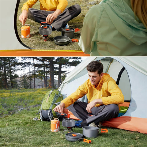 HEWOLF HW-K2103 Portable Handle Pan Temperature Resistant Camping Cookware Set with Large Water Bottle for 4-5 People