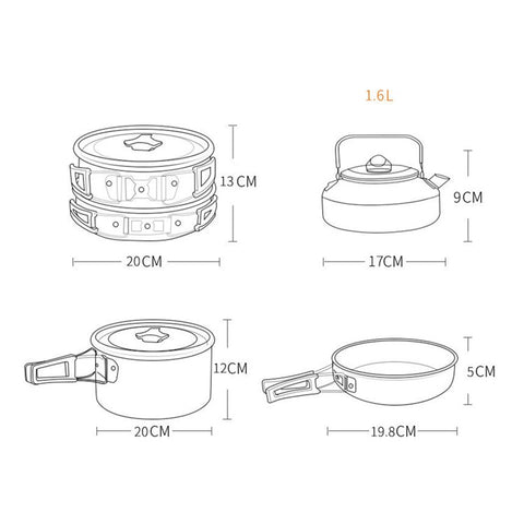 HEWOLF HW-K2103 Portable Handle Pan Temperature Resistant Camping Cookware Set with Large Water Bottle for 4-5 People