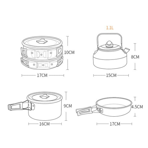 HEWOLF HW-K1692 Portable Handle Pan Temperature Resistant Camping Cookware Set with Water Bottle for 2-3 People