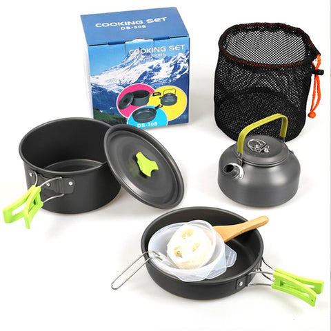 HALIN DS-308 Portable Frying Pan Tea Pot Hard Alumina Camping Cookware Set for 2-3 People (No FDA, BPA-Free)
