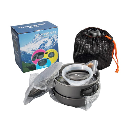 HALIN DS-308 Portable Frying Pan Tea Pot Hard Alumina Camping Cookware Set for 2-3 People (No FDA, BPA-Free)