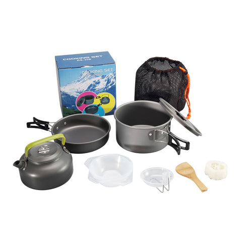 HALIN DS-308 Portable Frying Pan Tea Pot Hard Alumina Camping Cookware Set for 2-3 People (No FDA, BPA-Free)
