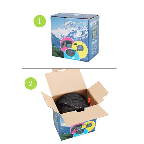 HALIN DS-308 Portable Frying Pan Tea Pot Hard Alumina Camping Cookware Set for 2-3 People (No FDA, BPA-Free)