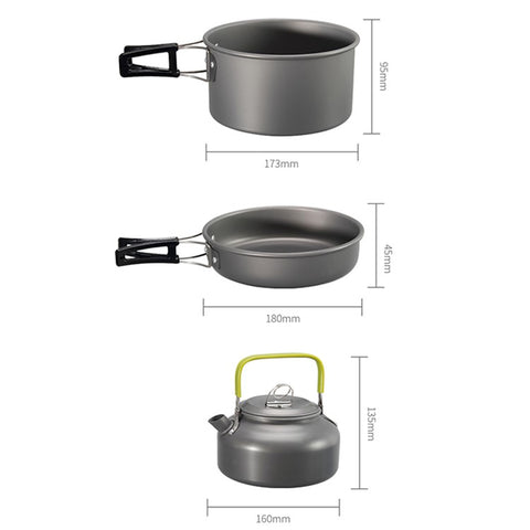 HALIN DS-308 Portable Frying Pan Tea Pot Hard Alumina Camping Cookware Set for 2-3 People (No FDA, BPA-Free)